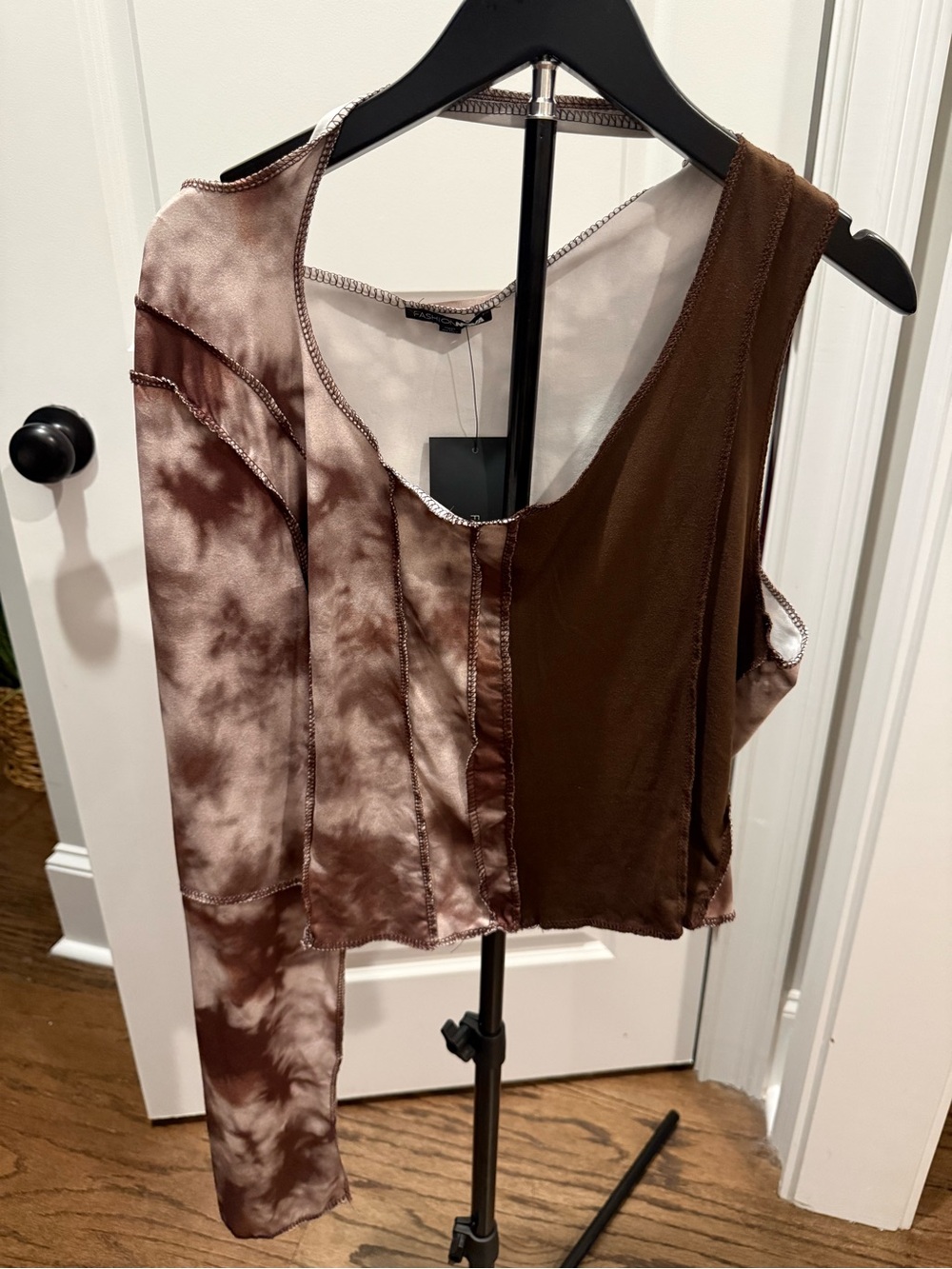 Fashion Nova Brown Asymmetric Tie-Dye & Solid Tank Top